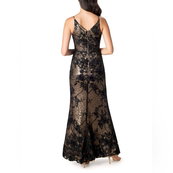 Dress the Population Sharon Black Gold Metallic 3D Floral Dress Gown Sequin XS - Picture 3 of 16